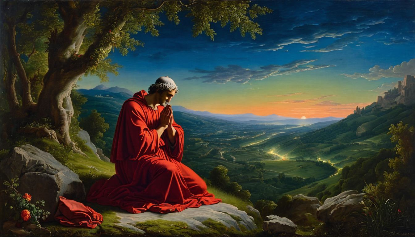 A soul in deep contemplation as the first night falls over Mount Purgatory