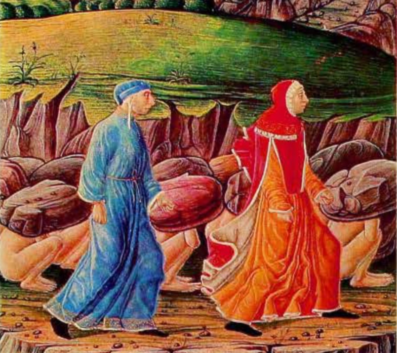 Dante and Virgil walk among the proud, bent beneath their stones